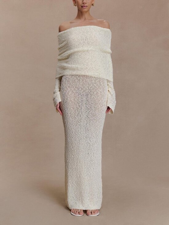 Meshki Dresses & Skirts - Meshki Marisol Off Shoulder Bouclé Maxi Dress Ivory Size XXL